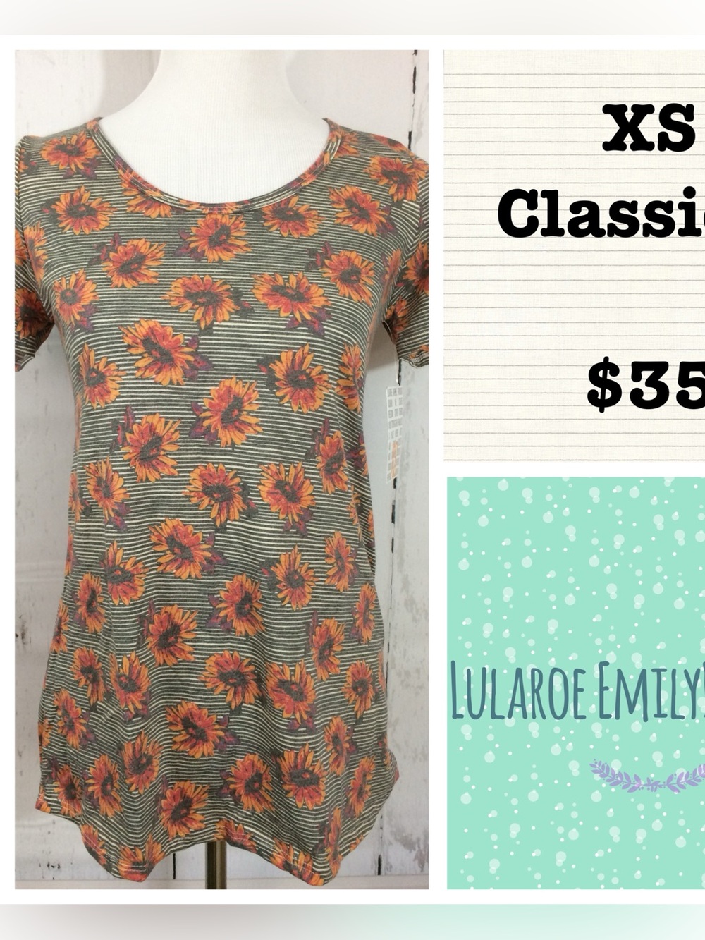 LuLaRoe Classic T-Shirt in Olive Green with Orange Sunflower Print - XS